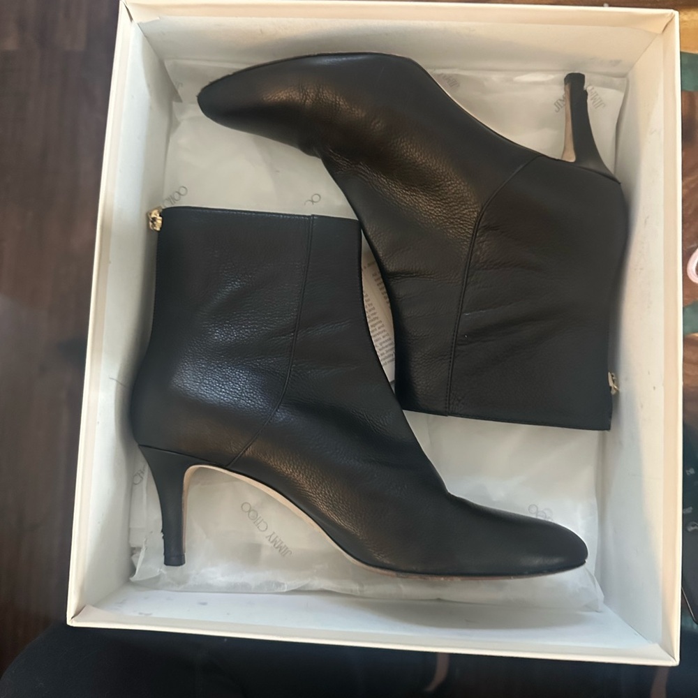 Jimmy Choo Black Leather Pointed Ankle Booties with Gold Zip Pulls